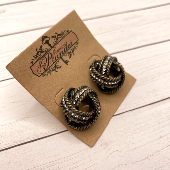 Plunder Antique Gold and Rhinestone Post Earrings - Picture 2 of 3